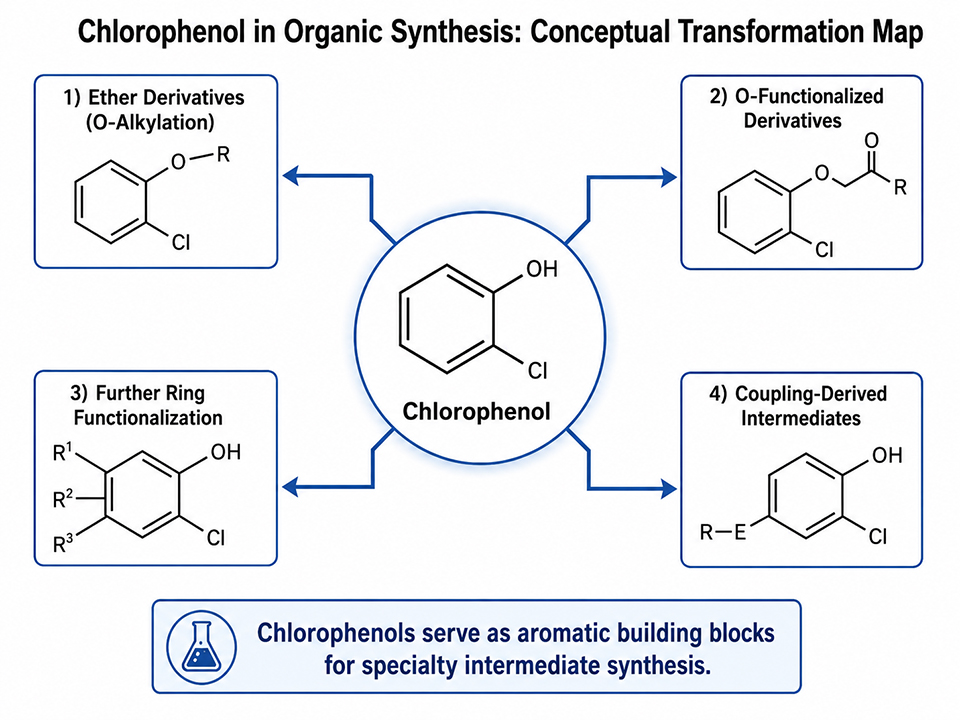 Organic synthesis pathways using chlorophenol as an aromatic building block